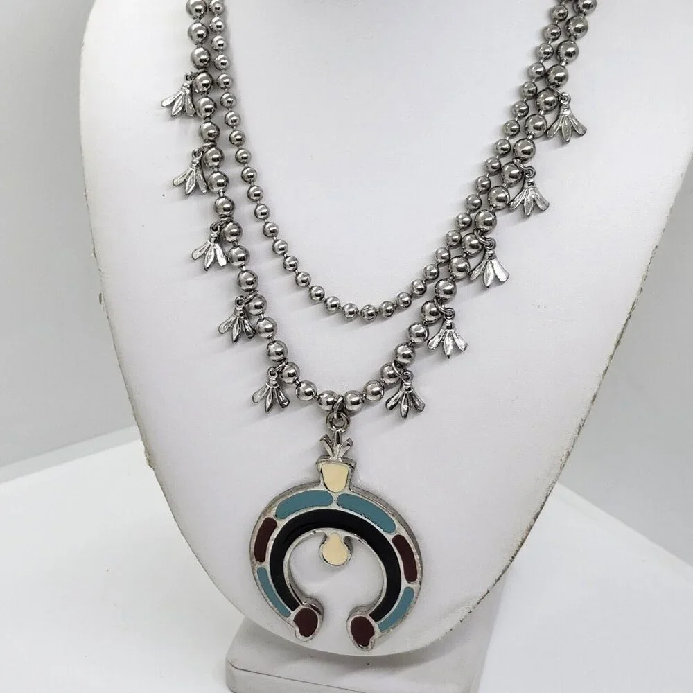 vintage faux squash blossom necklace Enamel Inlay‎ Double Strand